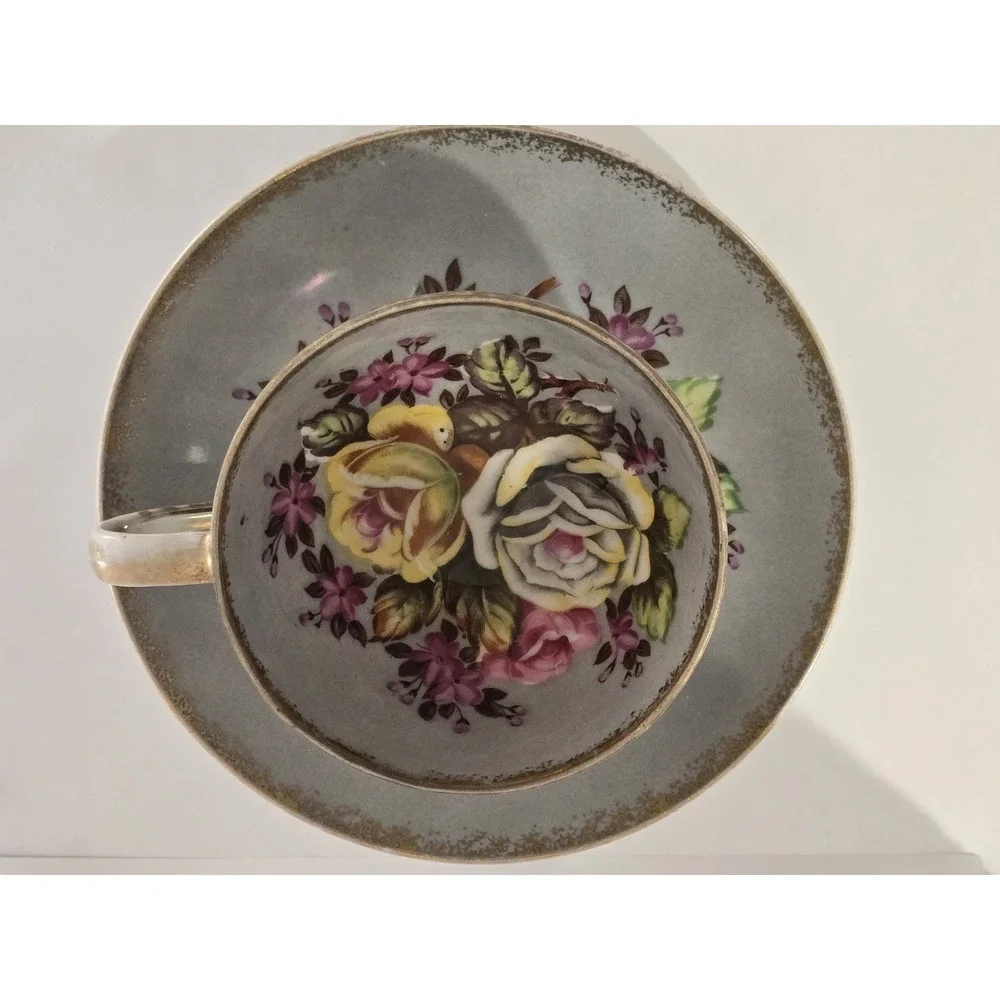 HB China Tea Cup Floral 2191 White Iridescent Gold Trim Gray Lusterware Roses